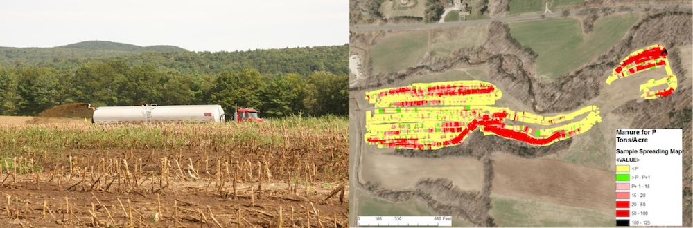 manure spreader in a cornfield and an aerial image of land that was spread