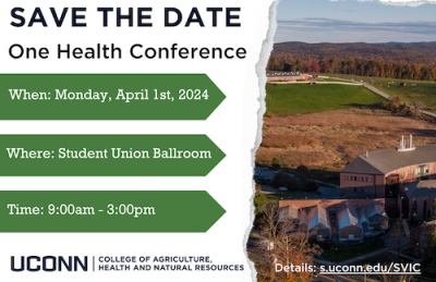 aerial view of UConn with words save the date, One Health Conference, Monday, April 1, 2024
