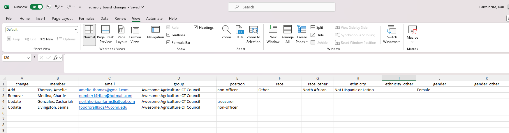 an excel spreadsheet with columns like change made to member data, member name, member email, etc.