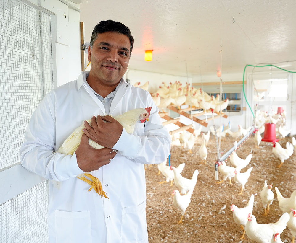 Educator holding a chicken.